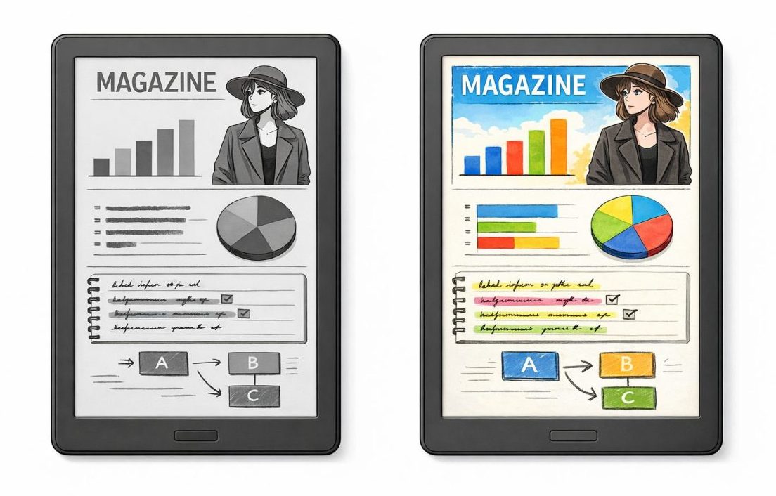 白黒電子ペーパー端末とカラー電子ペーパー端末を並べた比較画像。左は白黒の雑誌風ページ、グラフ、メモ、フローチャートを表示し、右は同じ内容を落ち着いた色合いと少し手書き風の表現で表示している。