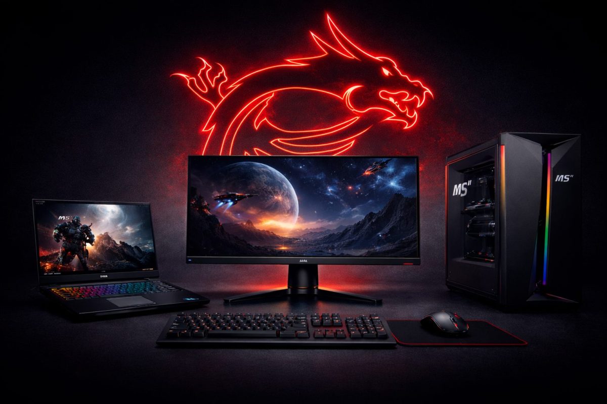 黒を基調としたデスク上にゲーミングモニターを中心にノートPC、デスクトップPC、キーボード、マウスを配置し、背後に赤く発光するドラゴンのラインが浮かぶMSIらしいゲーミング環境の画像
