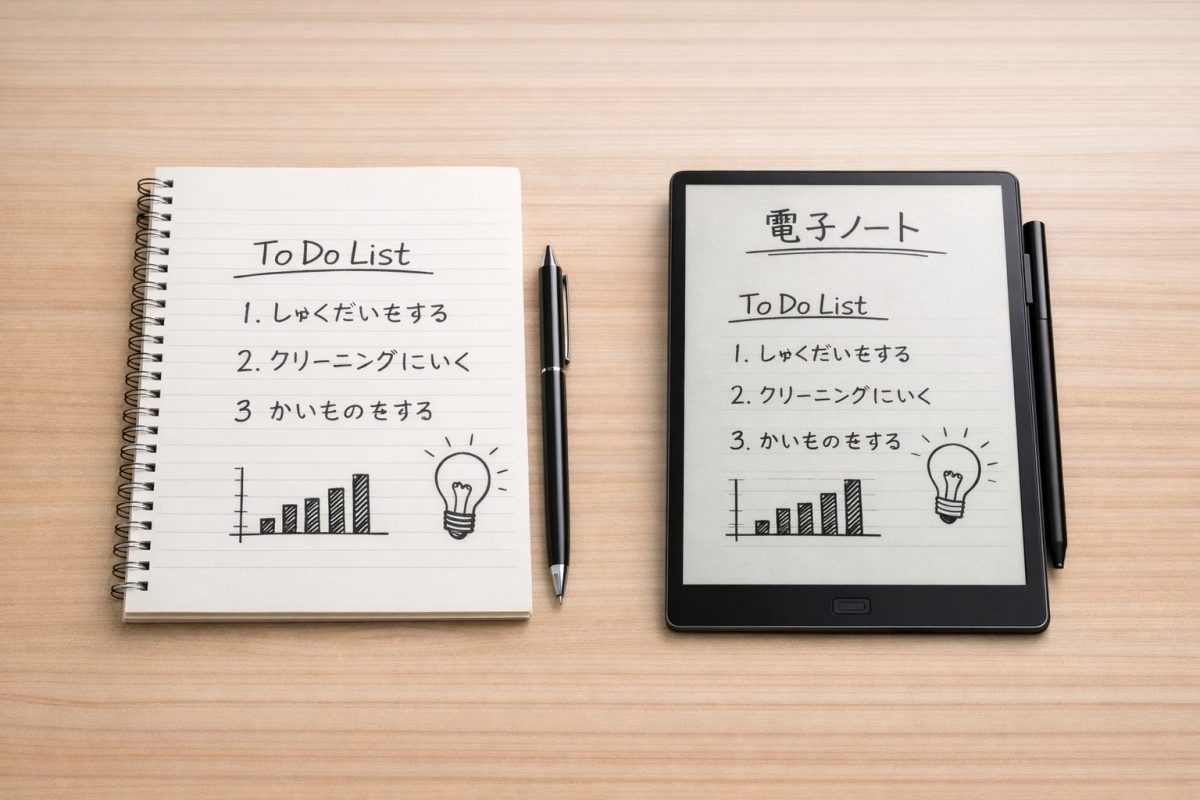 紙のノートと電子ノートを横に並べた比較画像。どちらにも同じ内容のToDoリストと簡単な手書きイラストが描かれ、それぞれペンとスタイラスが置かれている