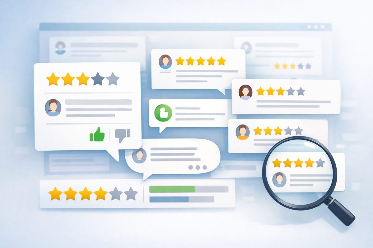 複数のレビューカードや星評価、コメントを一覧で確認しながら評判を総合的に見ているイメージのイラスト
