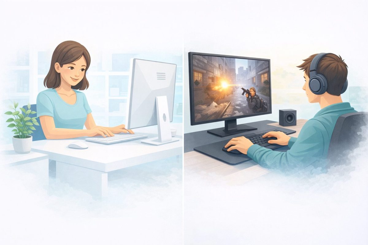 白いデスクで作業するユーザーとFPSゲームをプレイするユーザーが並び、異なる用途に対応するモニターの使い方を示したイメージ