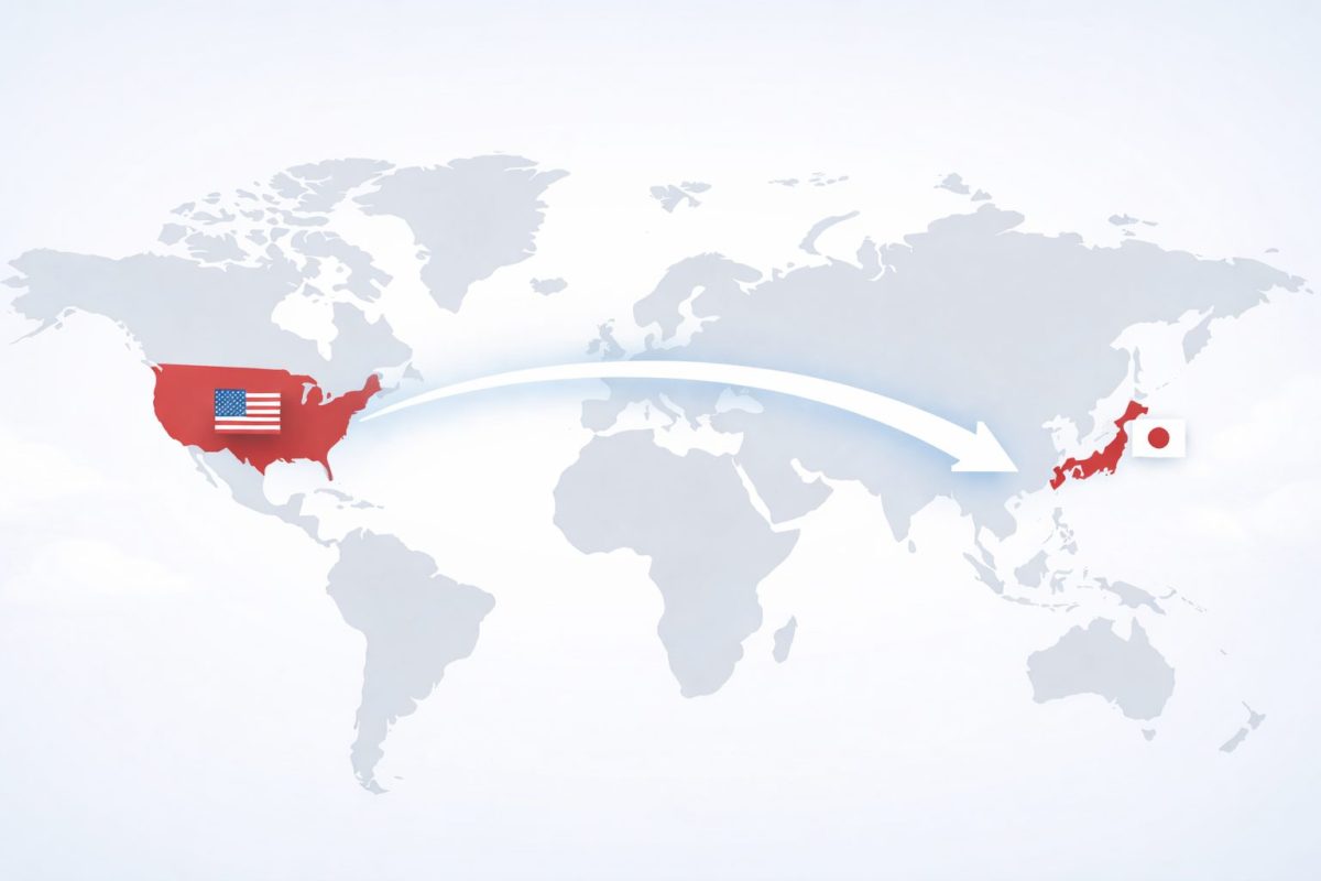 アメリカから日本へ展開する流れを示した世界地図イラスト。アメリカと日本が強調され、矢印でつながれている