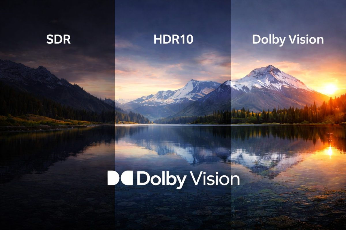SDR・HDR10・Dolby Visionの明るさと色表現の違いを比較したHDR映像の比較イメージ。