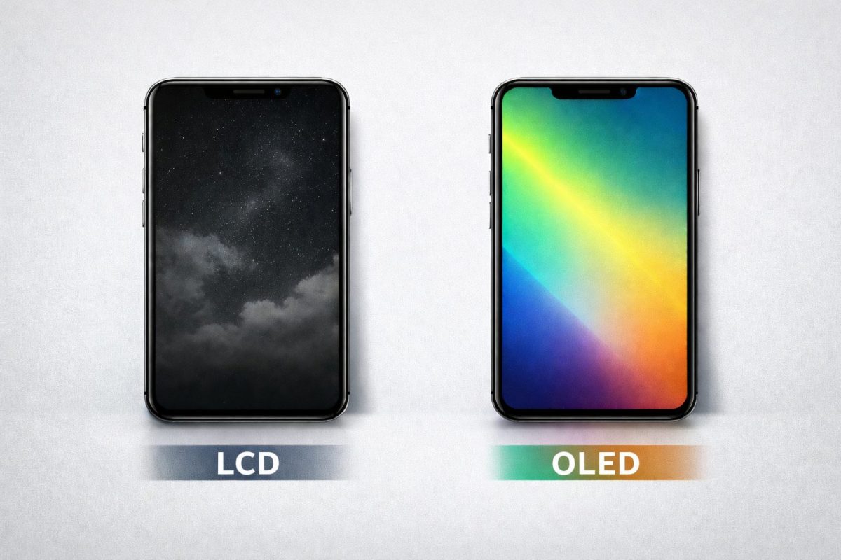 スマートフォンのディスプレイ方式を比較するイメージ。左にLCD画面のスマートフォン、右にOLED画面のスマートフォンが並び、それぞれの下にLCDとOLEDのラベルが表示されている。