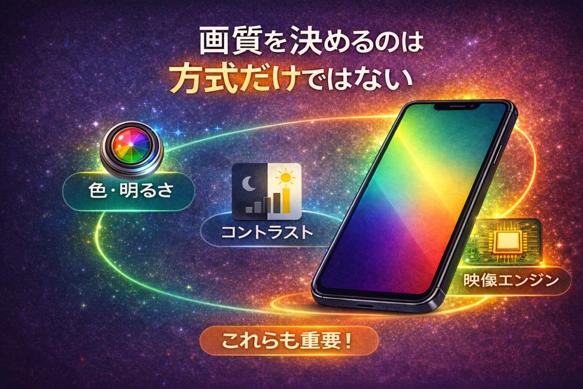 スマートフォンの画質を決める要素を示すイメージ。色・明るさ、コントラスト、映像エンジンの3つの要素とスマートフォンの画面が配置され、画質はパネル方式だけで決まらないことを表している。
