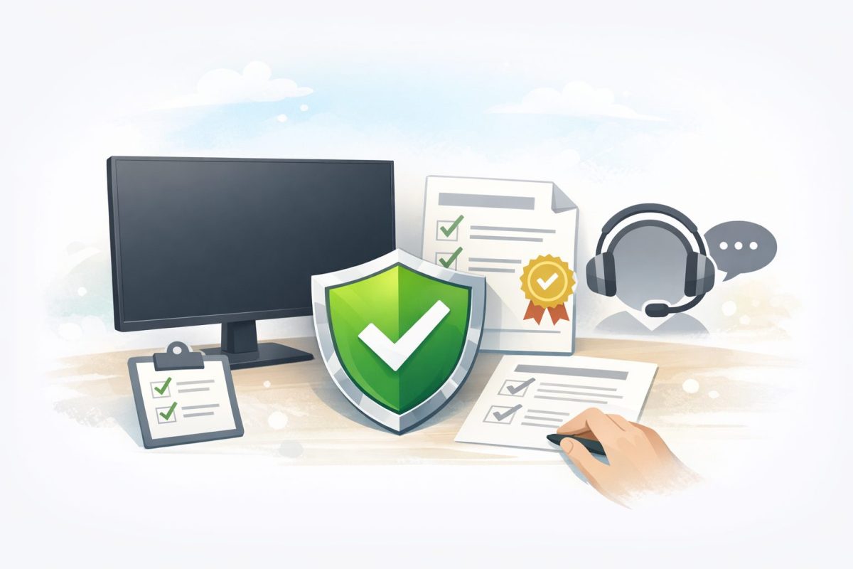 モニター本体と保証書類、チェックマーク付きのシールド、サポート用ヘッドセットが配置され、保証とサポート体制の安心感を表現したイラスト