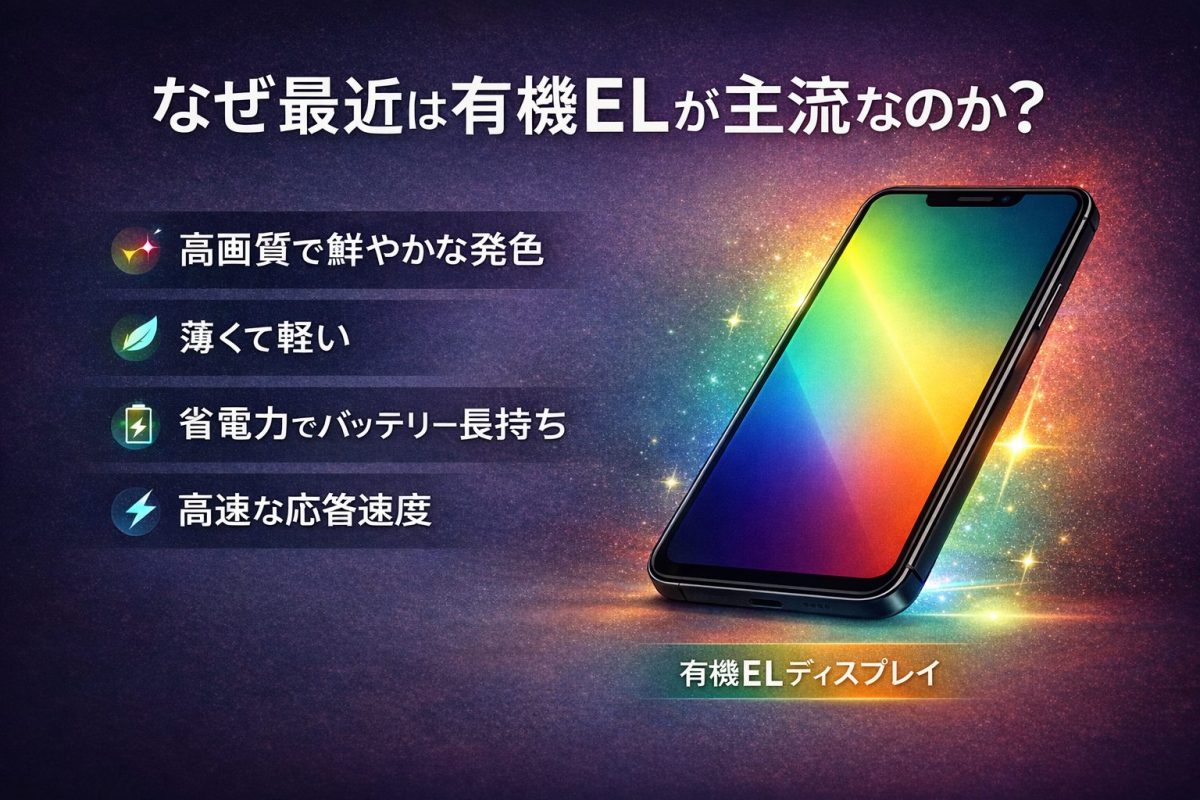 有機ELディスプレイがスマートフォンで主流になった理由を示すイメージ。鮮やかな画面のスマートフォンとともに、高画質、薄型設計、省電力、高速応答といった特徴が表示されている。