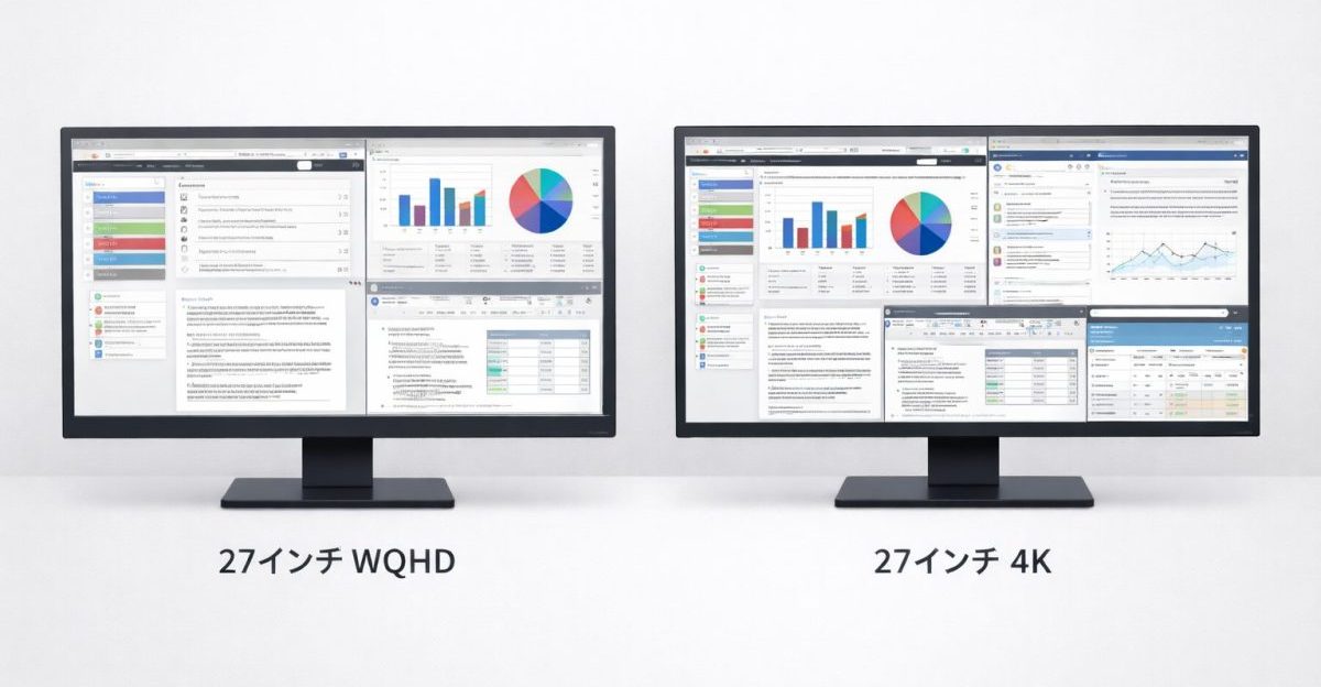 27インチWQHDと27インチ4Kの表示情報量を比較した画像。4Kのほうが同じ画面サイズでも多くのウィンドウと情報を表示している。