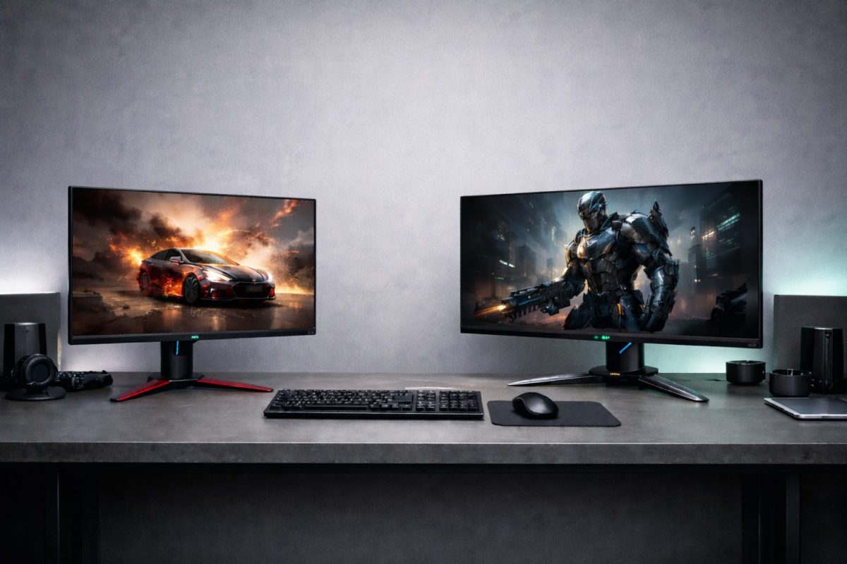 デスク上に左右2台のゲーミングモニターが並び、左にシンプルなNitro系デザインのモニター、右に存在感のあるPredator系デザインのモニターが配置され、スタンド形状やデザインの違いがわかる構図