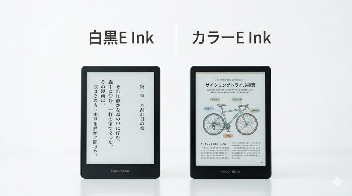 白黒とカラーのE Inkディスプレイを並べて比較した画像。