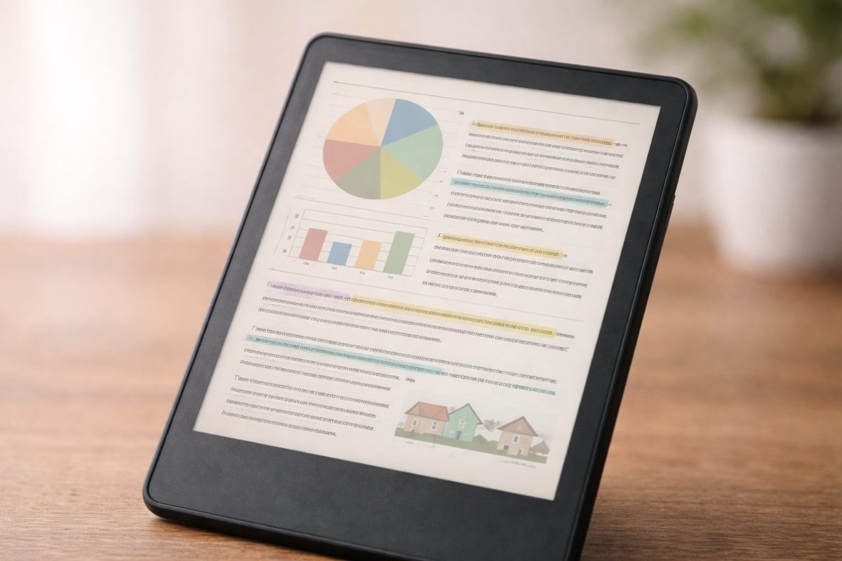 淡い色合いの円グラフや棒グラフ、本文が表示された電子書籍リーダーをクローズアップで写し、紙のように落ち着いた見え方が伝わる室内の静かなシーン