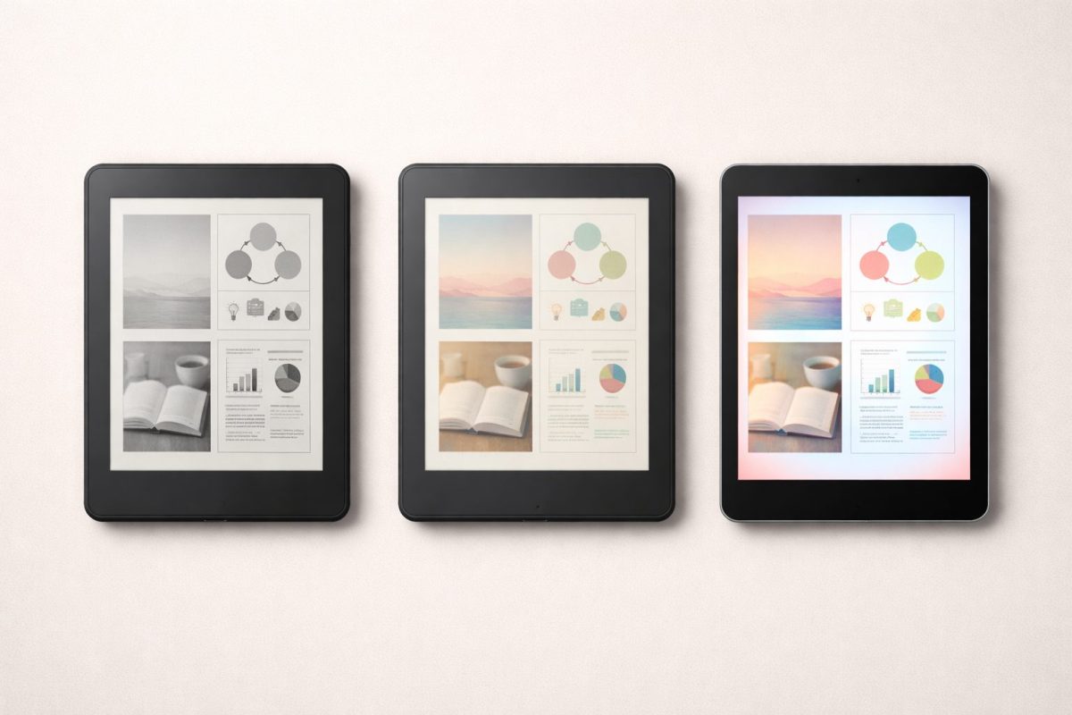 左に白黒の電子書籍リーダー、中央に淡いカラー表示の電子書籍リーダー、右に鮮やかなタブレットを並べ、表示の違いを比較した画像