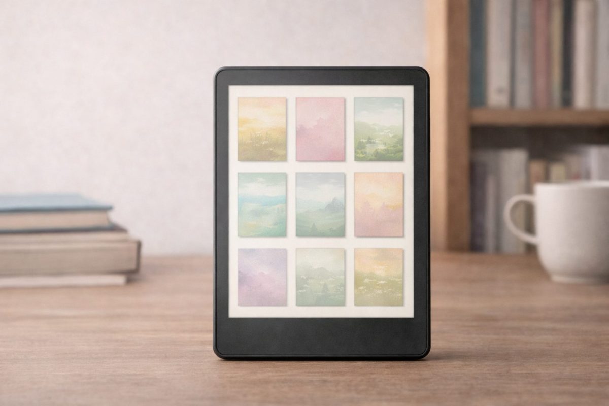 淡いカラーの本の表紙が一覧表示された電子書籍リーダーを机の上に置き、背景に本棚とマグカップがぼんやり見える読書向けの静かなシーン