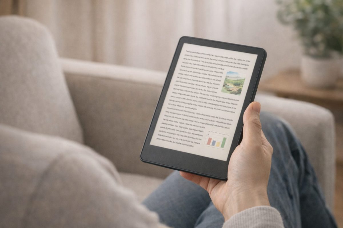 ソファに座った人物が電子書籍リーダーを手に持ち、本文と小さなカラー図が表示された画面を落ち着いた室内光の中で読んでいる様子