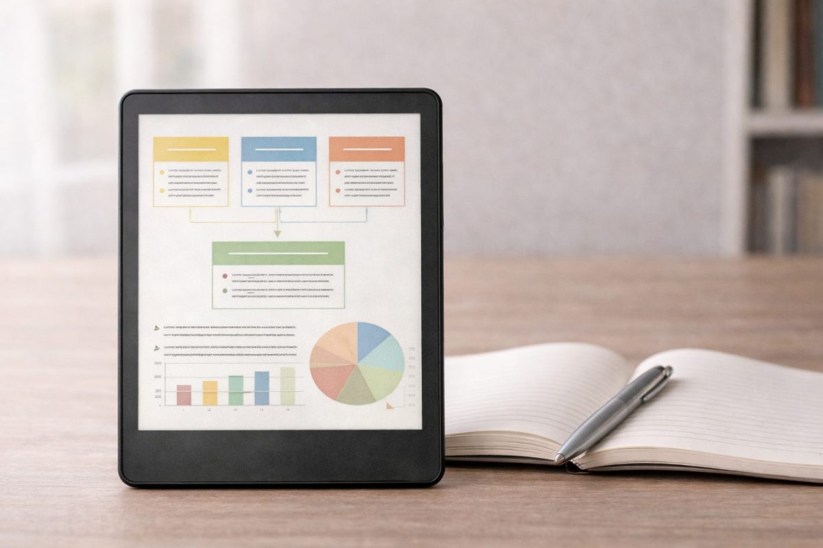 色分けされた図解ページを表示した電子書籍リーダーの横に開いたノートとペンを置き、学習や参考書の読書に合う落ち着いた雰囲気を表した画像