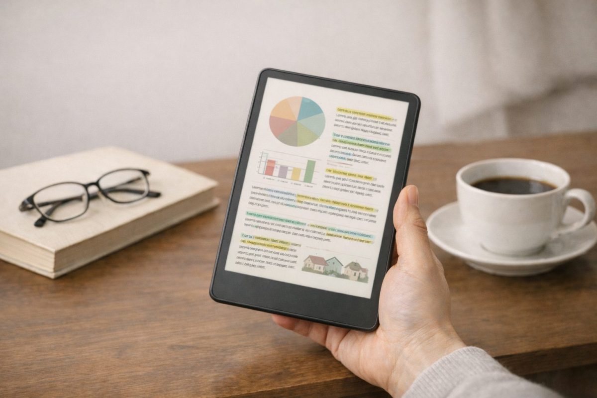 片手で持った電子書籍リーダーに淡いカラーの円グラフや棒グラフ、カラーのハイライト入り文章が表示され、机の上に紙の本、メガネ、コーヒーカップが置かれた落ち着いた室内の読書シーン