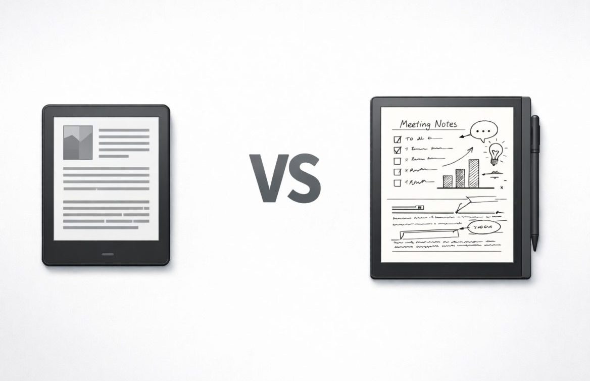 左にモノクロの読書画面を表示した電子書籍リーダー、右に手書きメモや図を書き込んだ電子ノートを配置し、中央にVSを入れて違いを比較したイラスト