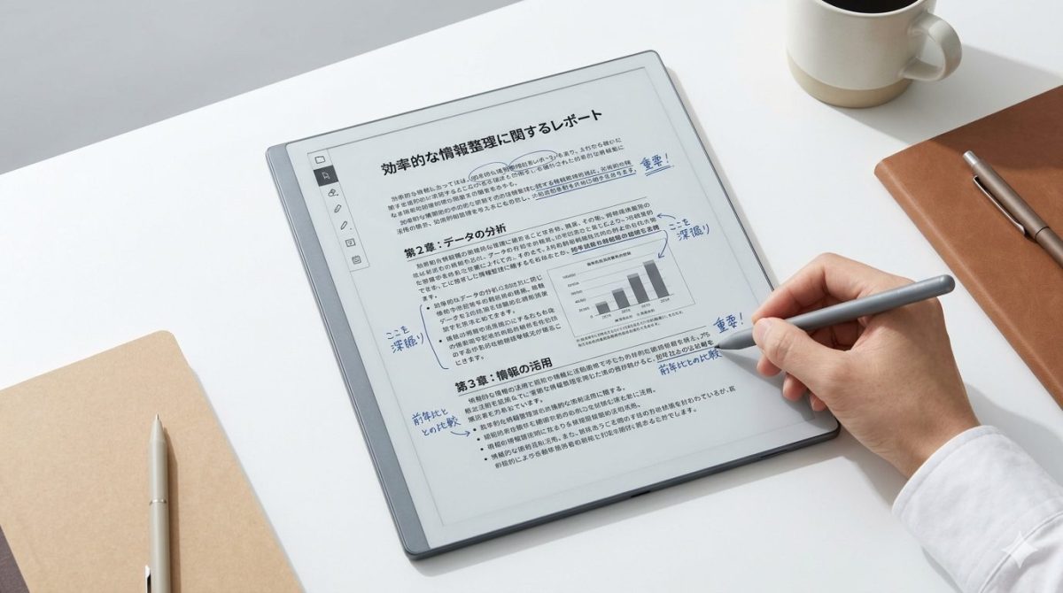 電子ノート端末の画面に専用ペンで手書きの注釈を加えている様子。PDF資料の上に「重要！」といったメモや図解が書き込まれており、紙のノートのように直感的に情報を整理できる利便性を表現しています。