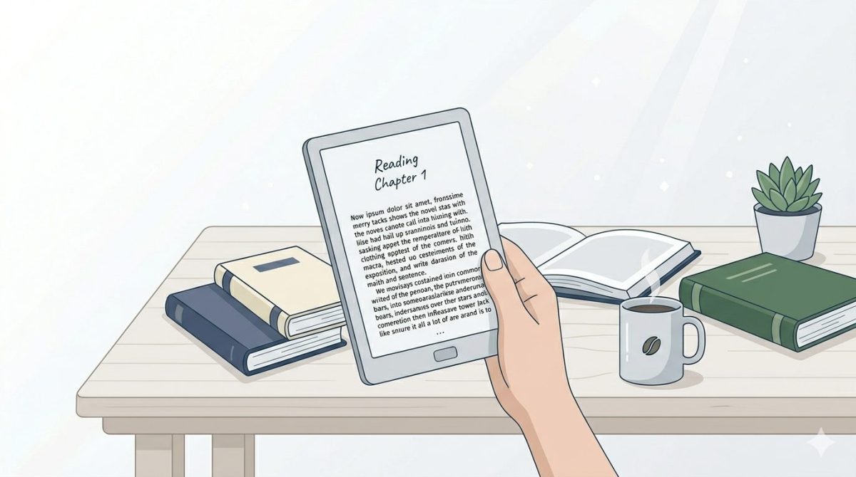 片手で電子書籍リーダーを持って読書をしている様子を描いたイラスト。机の上には紙の本やコーヒーカップが置かれ、シンプルで落ち着いた読書環境をイメージしています。