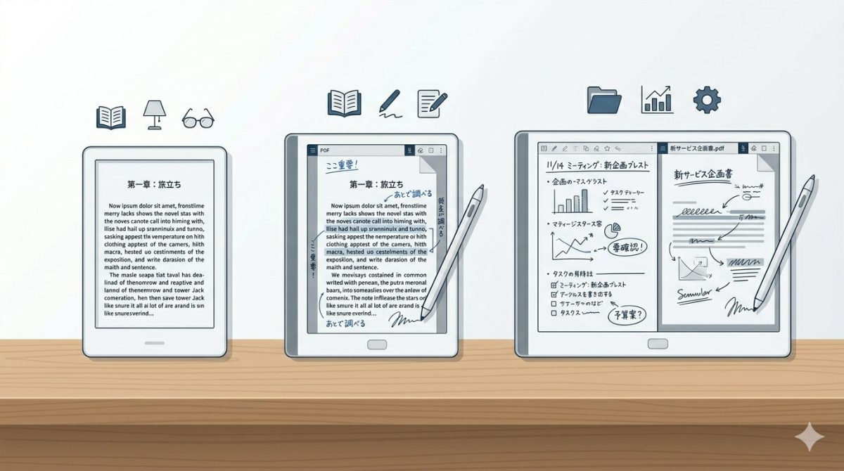 左に読書専用の電子書籍リーダー、中央に読書とメモができる両立型、右に資料整理が得意な電子ノートの3台を並べた比較イラスト。各端末の画面には、小説の本文、メモ付きの文章、図解入りのノートがそれぞれ表示され、用途の違いを表現しています。