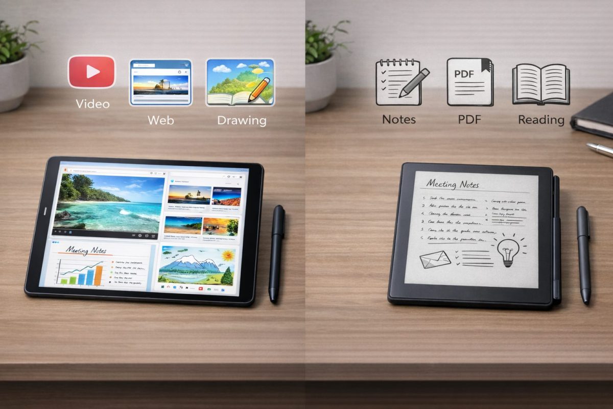 木目のデスクの上で、左に動画・Web・イラストなど複数用途を表示したタブレット、右にノート・PDF・読書を示す白黒表示の電子ノートを並べた比較イメージ