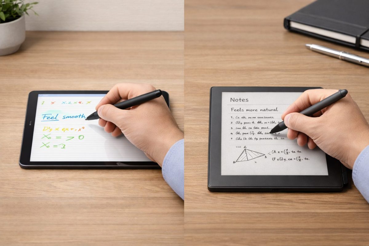 木目の机の上で、左はガラス面のタブレットにペンで書き込んでいる手元、右は紙のような質感の電子ノートにペンで書き込んでいる手元を並べた比較イメージ