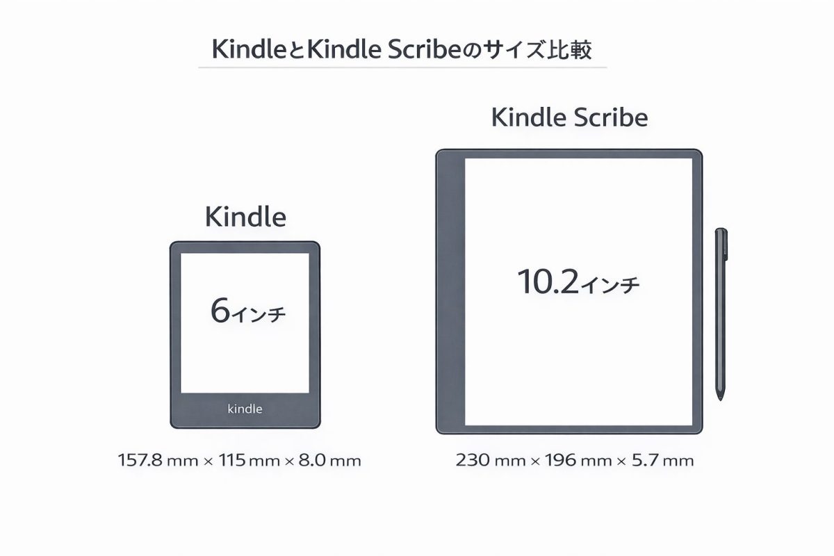 KindleとKindle Scribeのサイズを比較した画像。左に6インチのKindle、右に10.2インチのKindle Scribeとペンを配置し、それぞれの本体サイズを下に表示している。