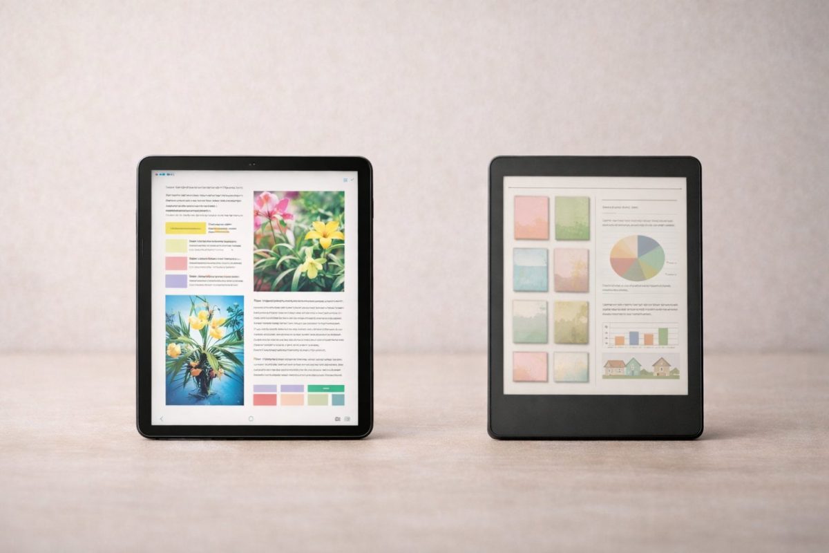 左に鮮やかな写真や雑誌風ページを表示した液晶タブレット、右に淡いカラーの表紙や図入りページを表示した電子書籍リーダーを並べた比較イメージ