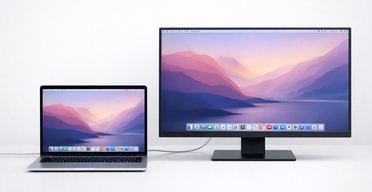 MacBookと外部モニターを並べて表示した画像。両方に同じmacOS風のデスクトップを映し、色味やデザインの一体感が伝わる構図。