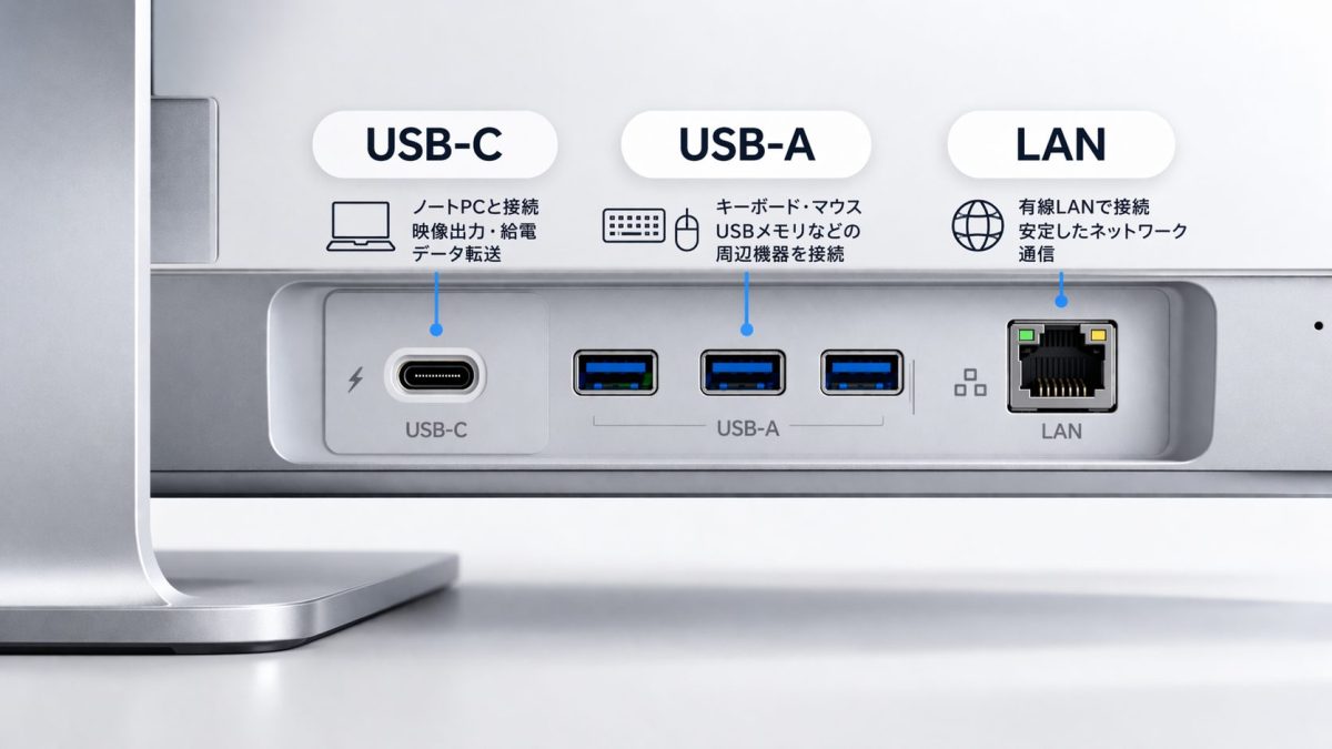 モニターのUSB-C、USB-A、LANポートの用途を示した説明画像。USB-CはノートPCとの映像出力・給電・データ転送、USB-Aはキーボードやマウス、USBメモリなどの接続、LANは有線ネットワーク接続を表している。