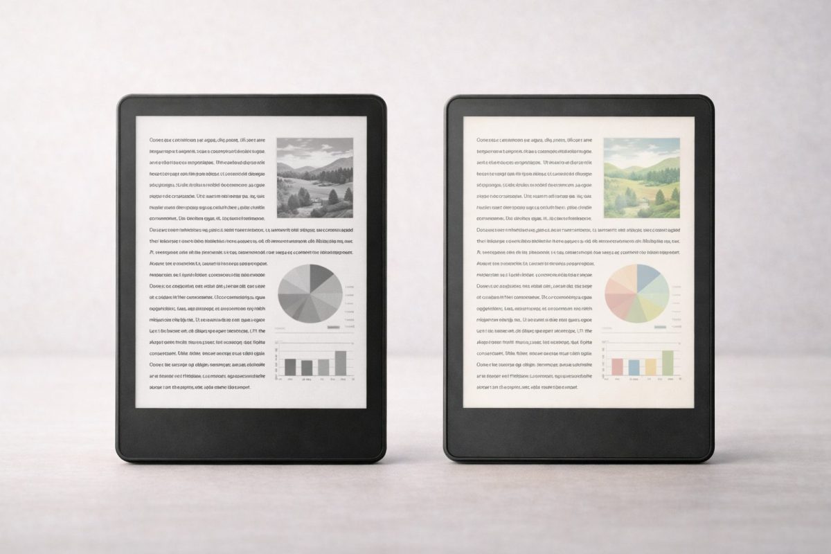 左に白黒電子ペーパー、右にカラー電子ペーパーで同じ本のページを表示し、白黒のはっきりした見え方と淡いカラーのやわらかな見え方を並べて比較したイメージ