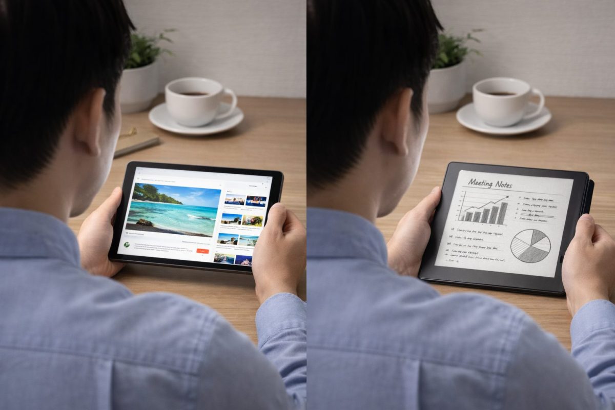 同じ机の前で、左は明るく発光するタブレット画面を見ている人物、右は紙のような白黒表示の電子ノートを見ている人物を並べた比較イメージ