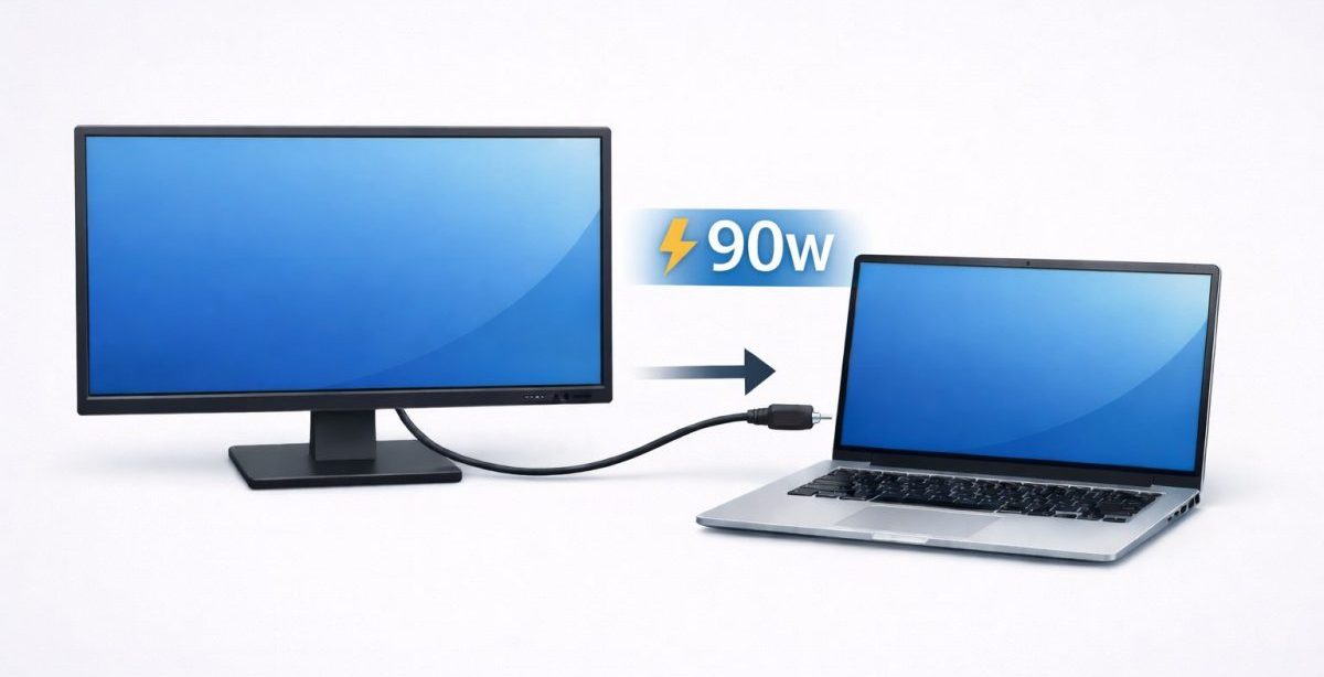 USB-CケーブルでモニターとノートPCを接続し、90Wで給電しているイメージ図