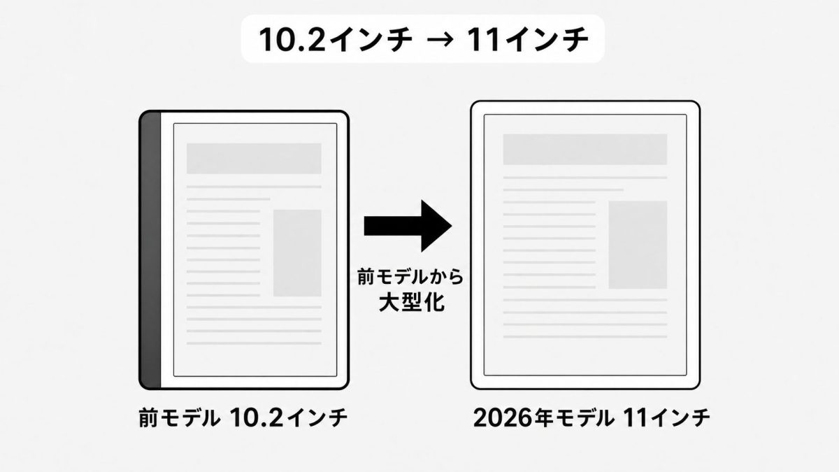 Kindle Scribeの前モデル10.2インチと2026年モデル11インチの画面サイズを比較した画像