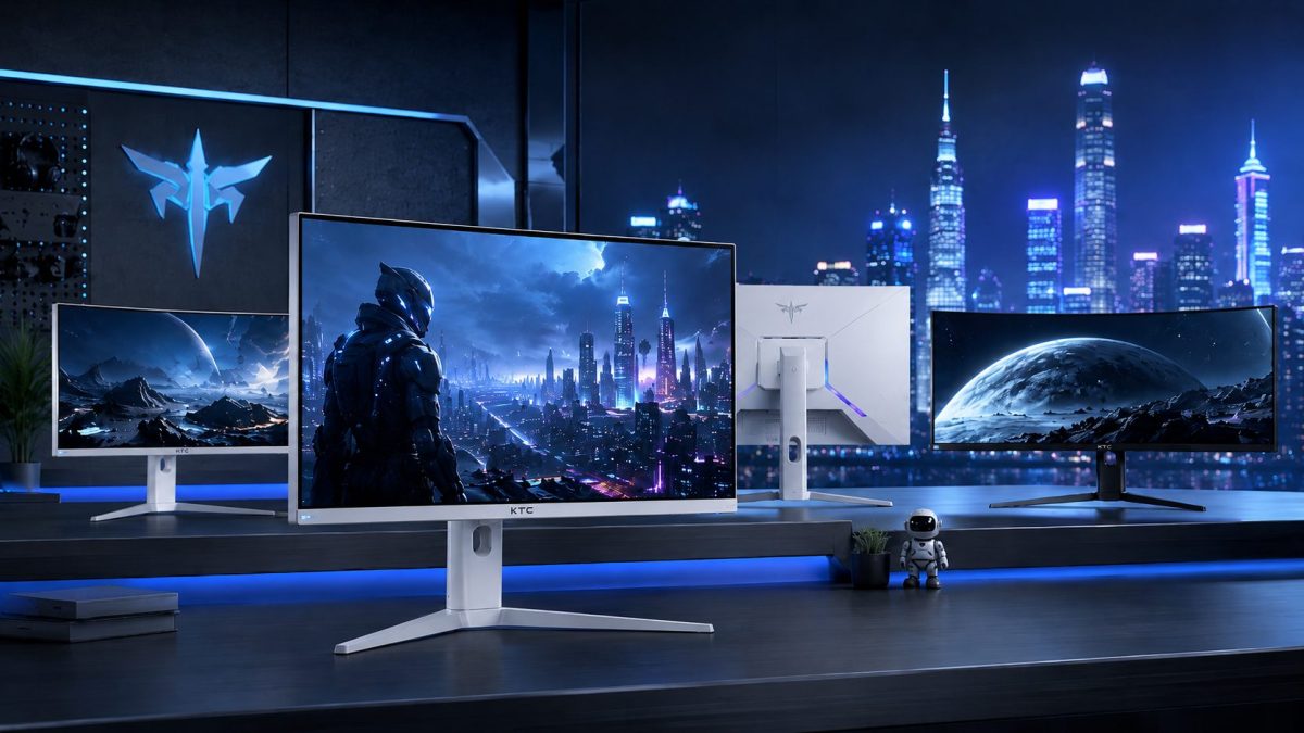 KTCのゲーミングモニターが並ぶ近未来的(中国・深センをイメージ)なデスク環境と夜景のイメージ画像